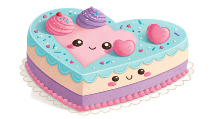 Heart-shaped cake with frosting and decorations, isolated on white background