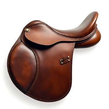 Brown leather saddle for equestrian use on white background  