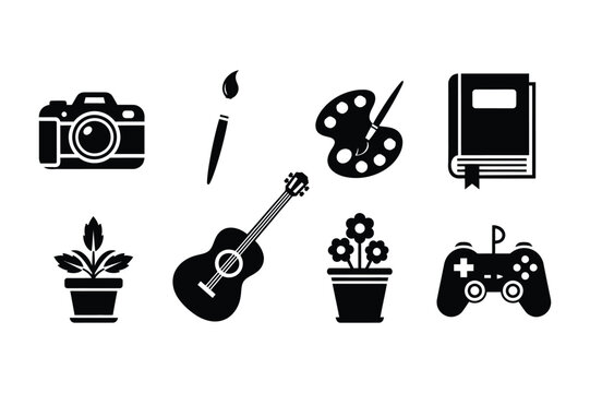 Creative hobbies and artistic activities black silhouette icon set