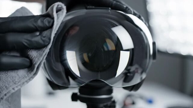 Close up of black gloved hands cleaning a shiny black spherical object with a gray microfiber cloth in a bright studio setting with soft lighting and shallow depth of field