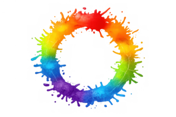Vibrant rainbow paint splashes forming an irregular circular frame, creating an abstract watercolor ring with a transparent background