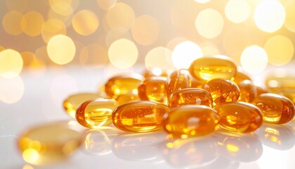 Close-up of golden gelatin capsules on a white surface, with bokeh lights