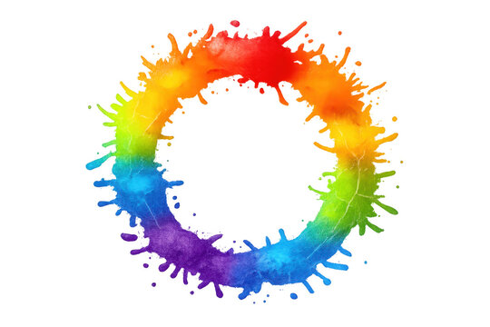 Vibrant rainbow paint splashes forming an irregular circular frame, creating an abstract watercolor ring with a transparent background