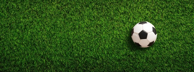 soccer ball on green grass, top-view banner with copy space