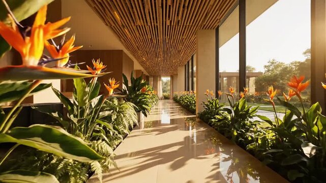 Modern indoor garden with vibrant bird of paradise plants and lush greenery in a sleek hallway