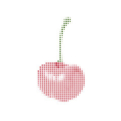 Halftone illustration of cherry with green leaves in pop art style. Retro dotted texture effect, bright red and green colors, isolated on white background, stylized fruit design.