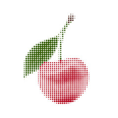 Halftone illustration of cherry with green leaves in pop art style. Retro dotted texture effect, bright red and green colors, isolated on white background, stylized fruit design.