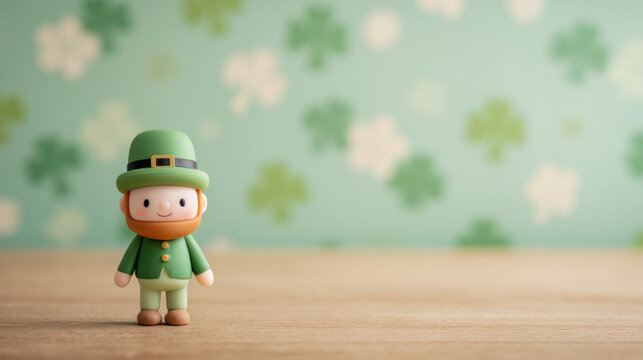 Cute toy leprechaun figure for a cheerful St. Patricks Day celebration. Festive decoration and holiday concept.