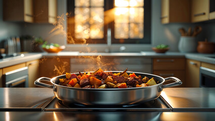 Food leftovers pan kitchen cooking stainless steel roasted meal healthy delicious dinner warm light texture interior modern homemade savory vegetable generative AI