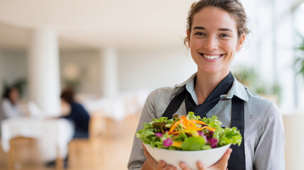 Smiling young waitress holding a fresh colorful salad bowl in a bright modern restaurant interior with blurred background