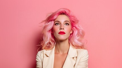 A portrait of a pretty woman with stunning pink hair is set against a rosy backdrop, showcasing her vibrant style and her captivating gaze pointed upwards. Her jacket adds a touch of elegance.