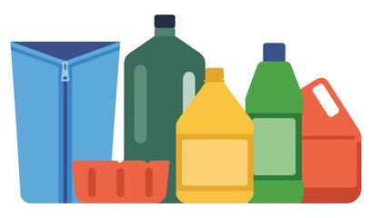 Assortment of colorful cleaning supplies and containers arranged together.