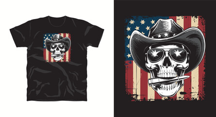 Cowboy skull wearing hat and sunglasses holding a bullet with american flag background grunge illustration