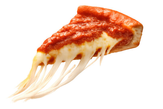 Pizza slice with melted mozzarella cheese stretching from tomato sauce and thick crust on transparent background