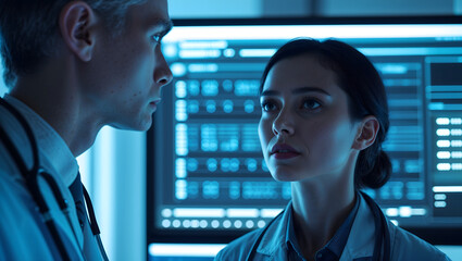 Doctor using Artificial Intelligence AI screen to analyze patient data in a modern hospital for precise healthcare and high-tech digital medical diagnosis generative AI