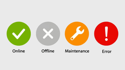 Four status icons indicating online, offline, maintenance, and error.