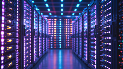 Large room filled with rows of sleek Artificial Intelligence AI supercomputer racks with vibrant blinking LED lights for a powerful modern atmosphere generative AI