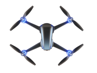 isolated top view of a modern black quadcopter drone on a transparent background