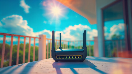 Router Wi-Fi 7 WLAN balcony internet outdoor technology connection sky wireless signal communication digital network electronic home sunshine freedom modern generative AI