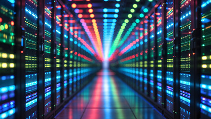 Sprawling data center with Artificial Intelligence AI using vibrant LED lights for futuristic high performance and modern cutting edge digital architecture generative AI
