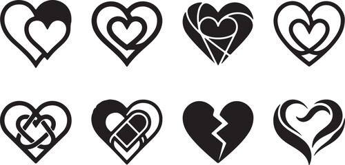 A collection of diverse black and white heart designs symbolizing love, emotion, and connection
