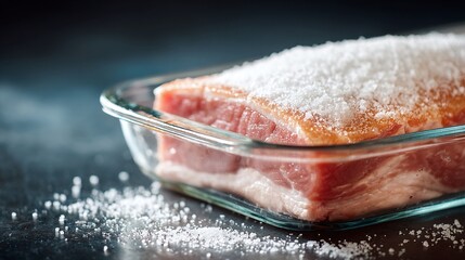 Pork belly curing with salt, nestled in a glass dish, showcasing traditional culinary techniques for meat preservation and flavor enhancement. Simple home cooking delight.