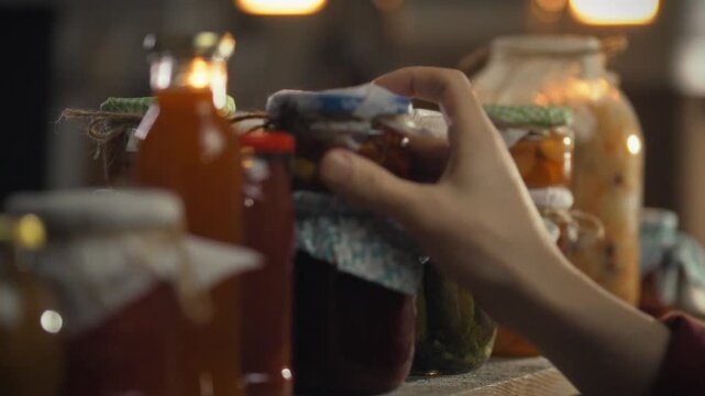 The owner carries the organic preserves to the basement where a hand carefully places the jar of homemade pickles on a wooden shelf, storing the preserves in the dimly lit basement