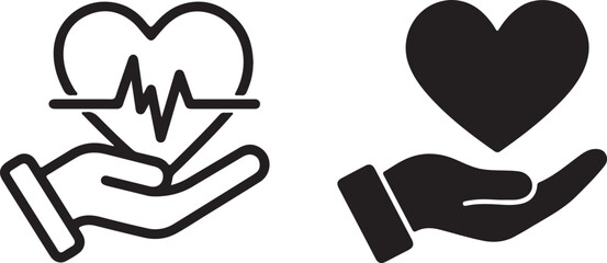 A human hand cradles a heart with an ECG line and another hand holds a solid heart silhouette