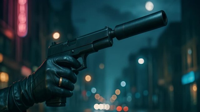 pistol with silencer in hand close-up at night. concept of crime, danger, killer attempt. handgun in dimly lit environment, atmosphere of impending threat. person grips firearm in dark, tense setting,