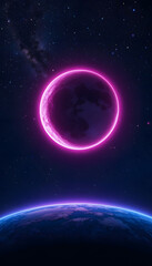 Naklejka premium Vibrant Space Scene with a Blue Planet and a Glowing Purple Moon Orbiting in a Starry Galaxy