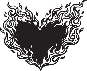 A striking black heart silhouette is encircled by dynamic, swirling flames on a clean white background