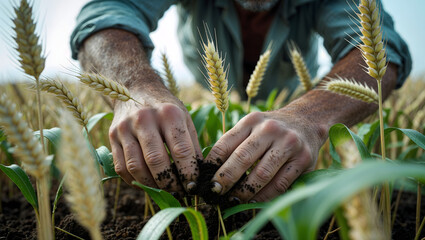 Man with rugged features removing weeds between young wheat plants in a serene and rustic setting under bright daytime lighting generative AI