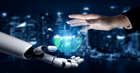 The concept of using AI for sustainability and green energy management. An AI vision for a smart city with renewable resources and a clean ecosystem. Motif