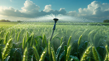 Sprinkler watering a lush green wheat field on a sunny day with glistening droplets and a misty atmosphere for growth generative AI