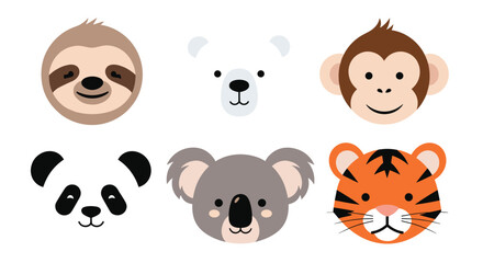 Obraz premium Set of six cute cartoon animal faces including a sloth polar bear monkey panda koala and tiger for kids design.