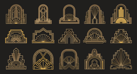 Set of fifteen golden art deco borders and decorative frame elements on a dark background for premium designs.
