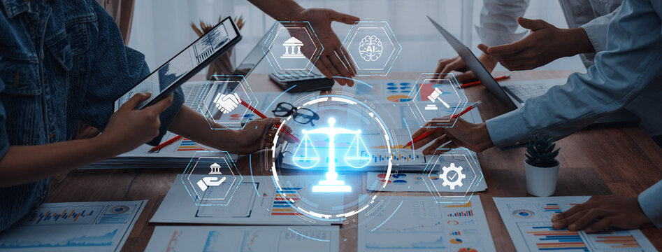 Collaborative business meeting showcasing legal technology elements with data analysis, charts, and professional teamwork in a modern office setting. Trope - Powered by Adobe