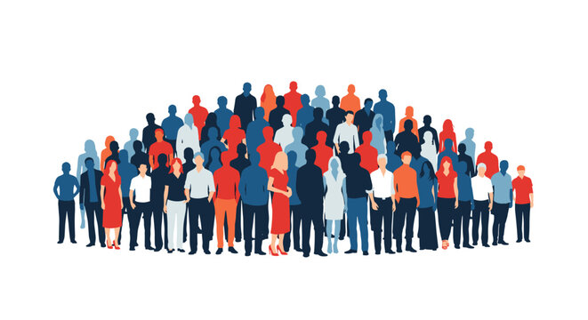 Detailed illustration of a large and diverse crowd of people silhouettes in various colors for social and community themes.