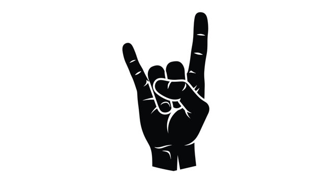Bold black silhouette of a hand making the rock on or sign of the horns gesture for music, concert, and energy themes.