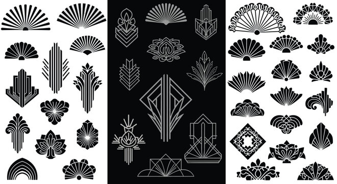 Extensive collection of art deco style fan and floral ornaments in black and white for vintage border designs and decorative graphic accents.