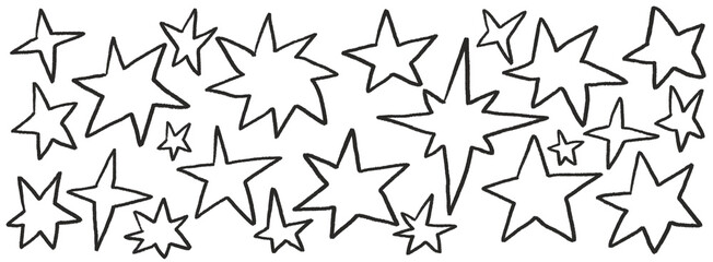 Hand drawn sketchy black gray star doodle illustration. Vintage grunge sketch icons for card invitations, poster design, party banner, social media post design.