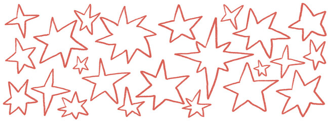Hand drawn sketchy red star doodle illustration. Vintage grunge sketch icons for card invitations, poster design, party banner, social media post design.