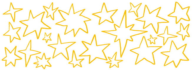Hand drawn sketchy yellow star doodle illustration. Vintage grunge sketch icons for card invitations, poster design, party banner, social media post design.
