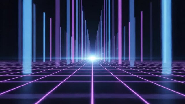 Abstract digital grid path with neon light columns perspective