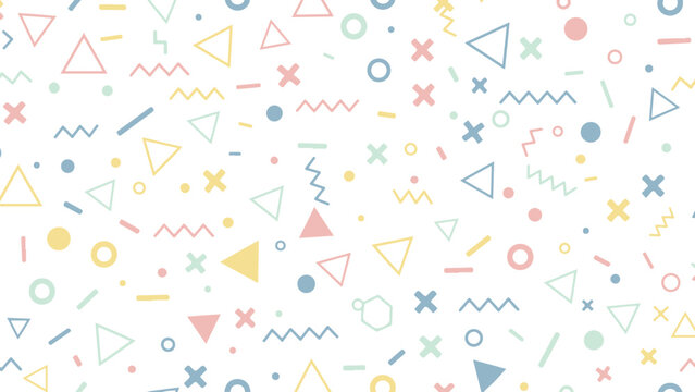 Colorful pastel geometric shapes scattered on white background, memphis style design elements, triangles, circles, lines, abstract pattern with pastel colors