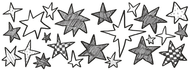 Hand drawn sketchy black gray star doodle illustration. Vintage grunge sketch icons for card invitations, poster design, party banner, social media post design.