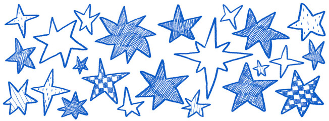 Hand drawn sketchy blue star doodle illustration. Vintage grunge sketch icons for card invitations, poster design, party banner, social media post design.