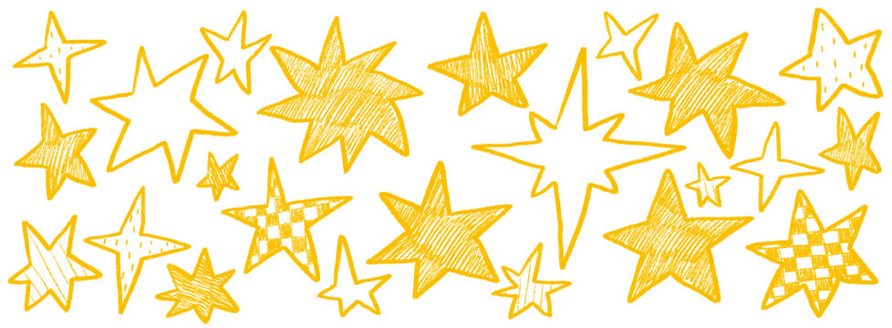 Hand drawn sketchy yellow star doodle illustration. Vintage grunge sketch icons for card invitations, poster design, party banner, social media post design.