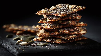 A stack of multi-seed crackers sits elegantly on a dark slate surface, highlighted against a dark background, evoking a sense of healthy indulgence. A great snack!