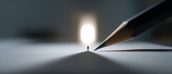 Conceptual image of a tiny human figure standing in front of a large pencil tip with a bright doorway in the background symbolizing opportunity and challenge